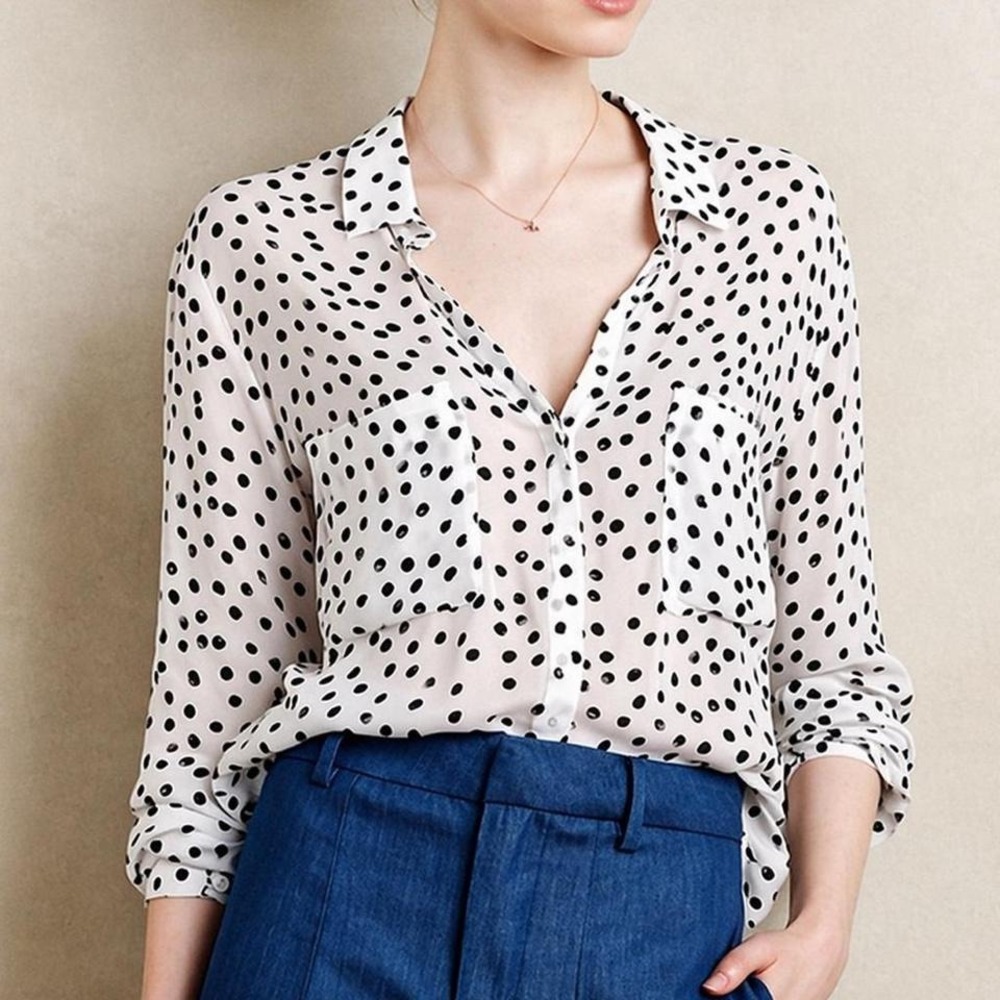 Anthropologie Cloth & Stone Polka Dot Button Down Shirt White Black Long Sleeve